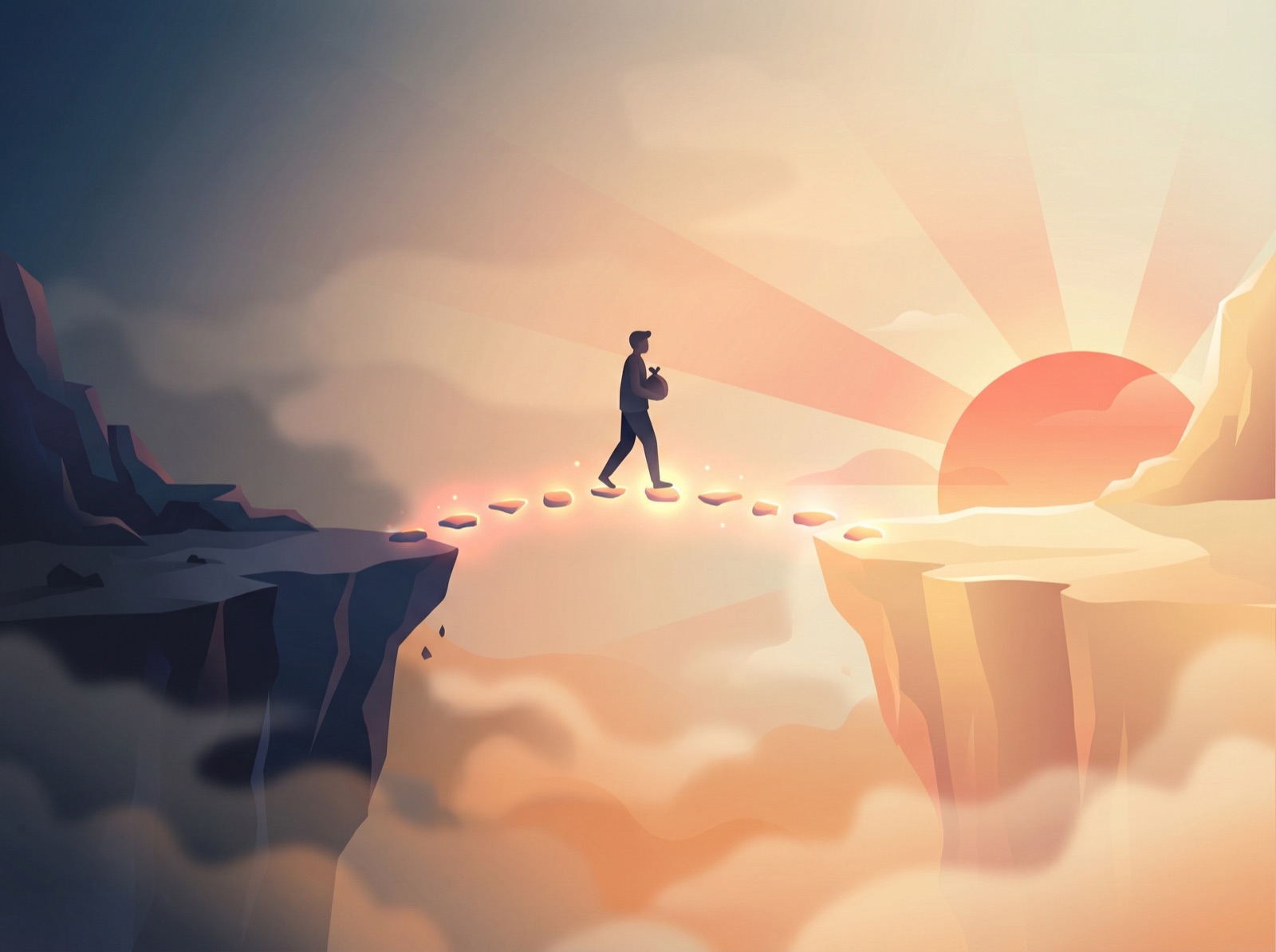 Person walking across a glowing bridge from darkness to light, representing the journey from distorted self-image to accurate reality