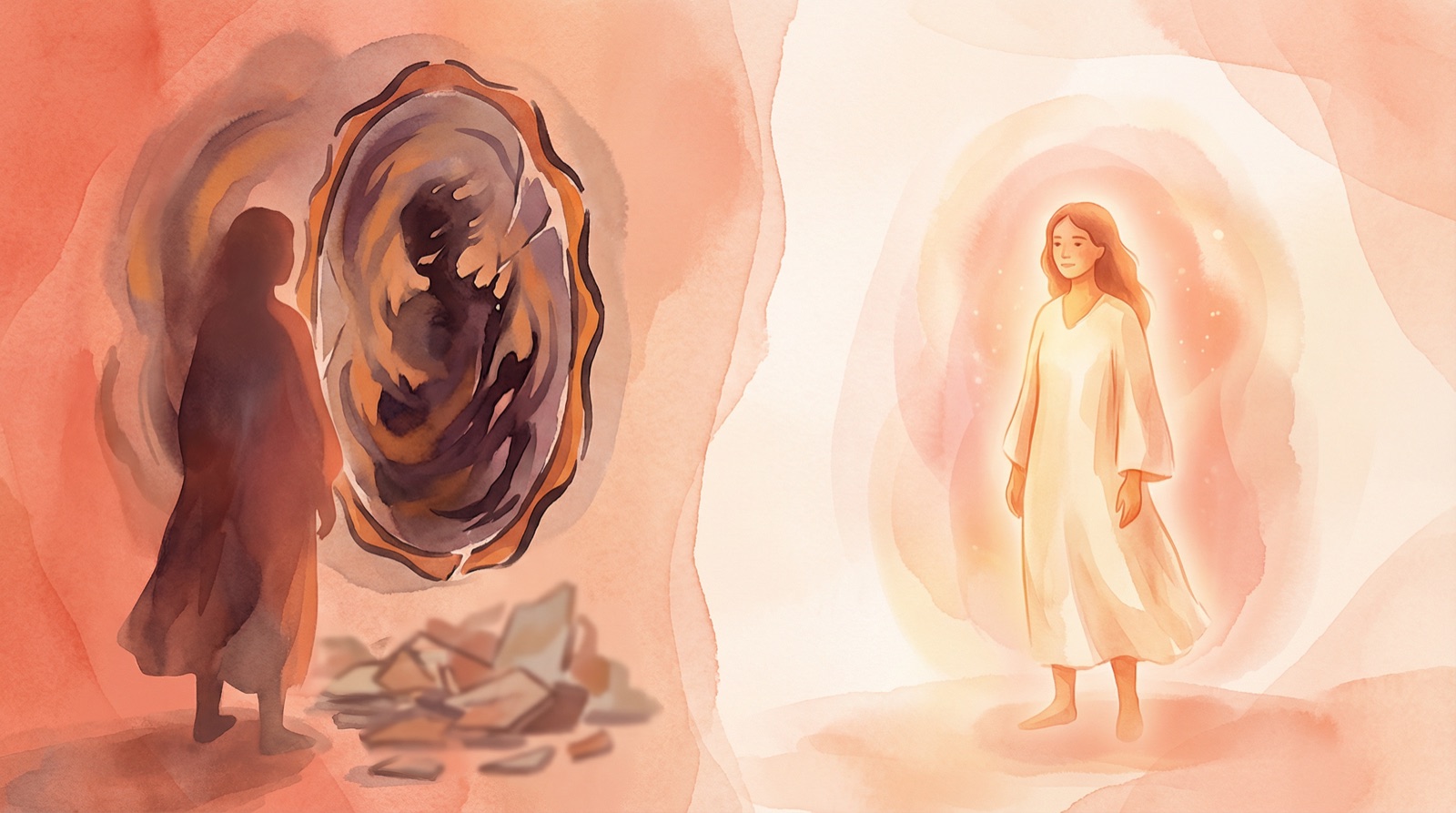 Split-screen illustration contrasting distorted self-image on left with accurate reality on right, showing the perception gap