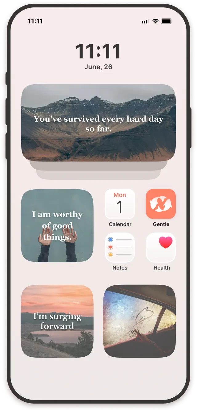 Gentle Home and Lock Screen widgets showing daily affirmations