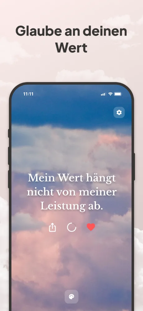 Die Gentle-App auf dem iPhone mit der Affirmation: Mein Wert hängt nicht von meiner Leistung ab.